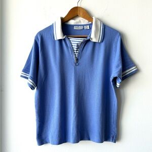 VTG Onque Polo Shirt Blue White Zip Stripe Cotton Womens L Preppy Tennis Golf